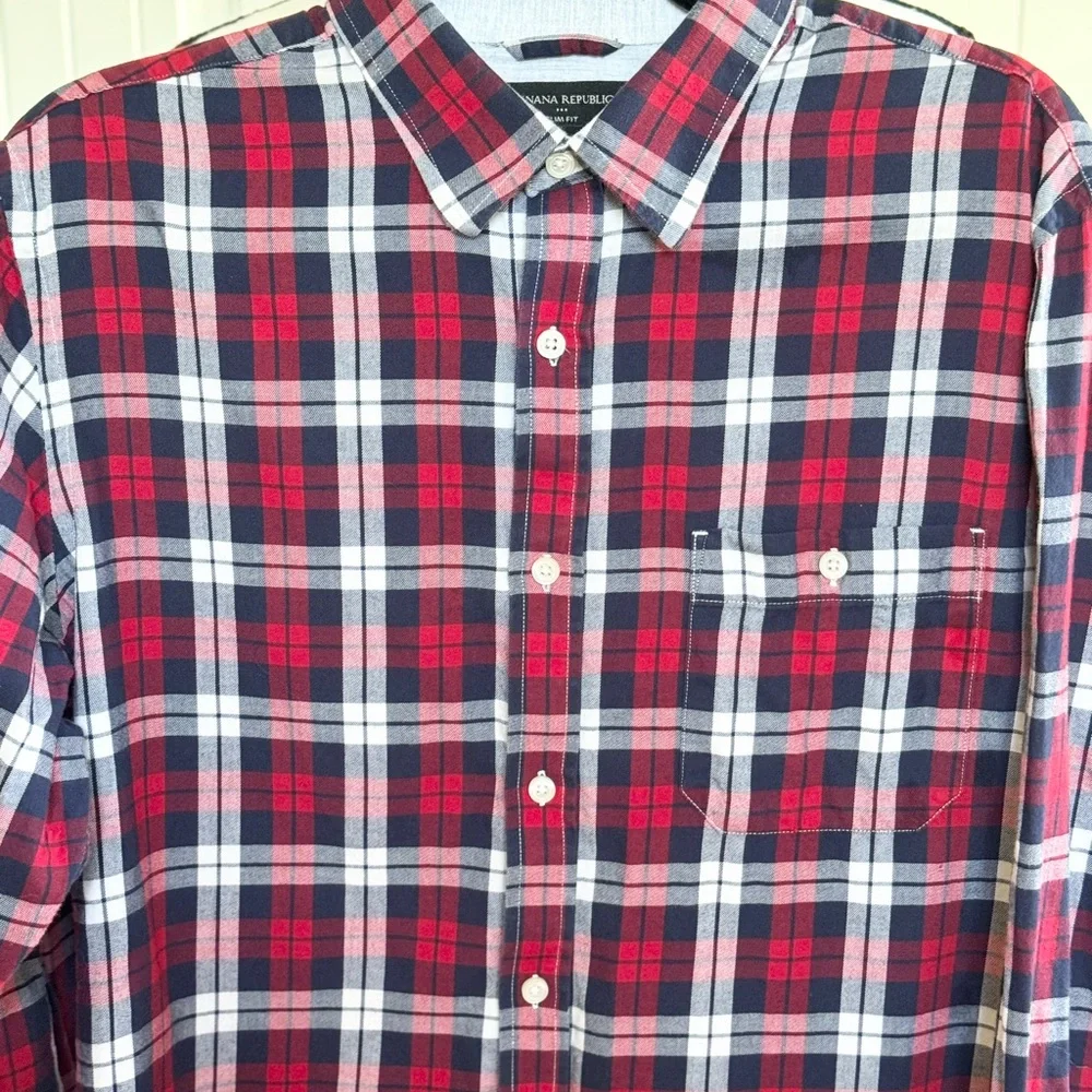 Banana Republic Slim Fit Plaid Shirt Mens Large L Red Navy White Button Down LS